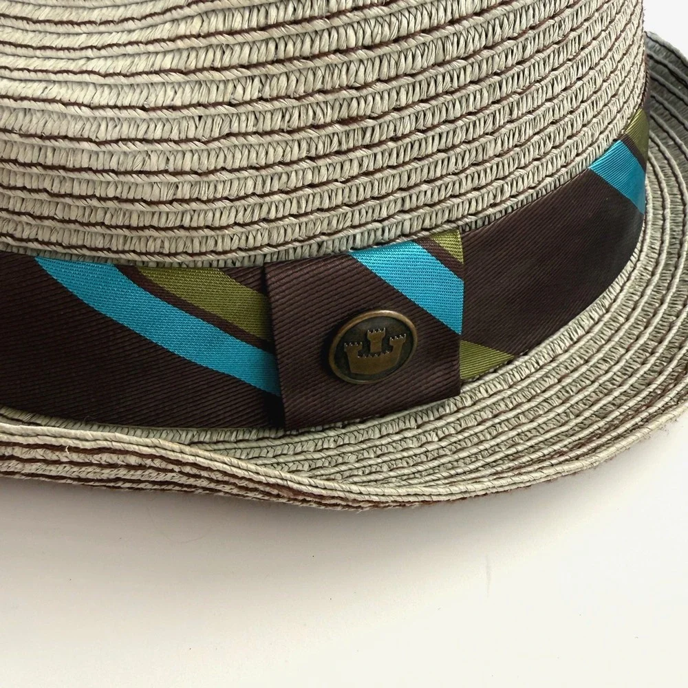 GOORIN BROS Tan Paper Straw Fedora Hat Adult Large Striped Ribbon‎ Brown Blue
